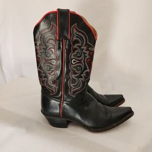Tony Lama Black With Pop of Red Heart Western Cowgirl Boots | Pointed Toe | 6.5B